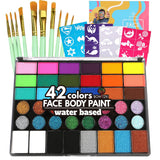 Bowitzki Face Paint Kit,42 Water Based Non Toxic Face Paint with face paint Colors,16 Glitters, 32 Stencils & 10pcs Brushes, Pro