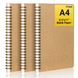 EUSOAR Spiral Unlined Notebook, A4 3 Packs 8.5inchx 11inch 120 Pages Hardcover Blank College Spiral Travel Writing Journals, Kraft Har