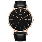 Burei Men'S & Women'S Ultra Thin Quartz Analog Watch With Date Calendar, Black Leather Band, Black Dial