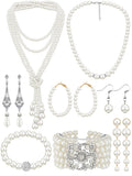 BBTO 8 Pcs Pearl Necklace and Earrings Set for Women Faux Pearl Bracelets Costume Jewelry Set for Wedding Gift Birthday Party (C