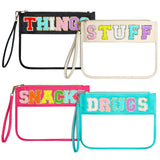 Buryeah 4 Pcs Chenille Letter Pouch Flat Nylon Clear Snack Bags Flat Multipurpose Zipper Makeup Bag for Travel Toiletry Bag Wate