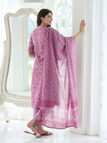 Anni Designer Women'S Cotton Blend Straight Printed Kurta With Pant Set (Sawai-Purple_S_Purple_Small),Purple,S,Cotton Blend,Regular,
