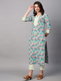 Gosriki Women'S Cotton Blend Printed Straight Kurta With Pant (Fall Green-Nwfb08-Gs_M_Green_Medium),Green,,B0BTJ7R6G6