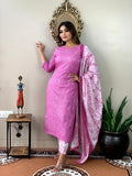 Anni Designer Women'S Cotton Blend Straight Printed Kurta With Pant & Dupatta (Dalaja-Majenta_Xxl_Majenta_Xx-Large) Magenta,Magenta,2XL,Cotton Blend,Regular,