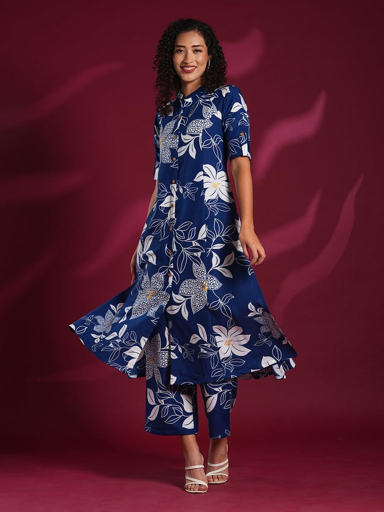 Anni Designer Women'S Rayon Viscose Straight Printed Kurta With Pant (Sunoni Blue-Vks04_Xl_Blue_X-Large),Blue,XL,,,