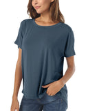 Womens Casual Tshirt Wide Neck Short Sleeve Well Made Hi Low Loose Fit Shirts with Side Slit Dusty Blue X-Large