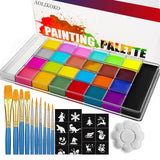 AOLIKOKO 26 Colors Face & Body Paint Palette Kit,Halloween Makeup Kit, face painting kit professional,with 10 Brushes+30 pcs Sti