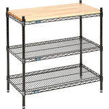 Nexel Wire Display Unit, 24 x 14 x 34, Solid Hardwood Butcher Block Top, 3 Tier Black Epoxy Powder Coat, Adjustable Shelves, 800