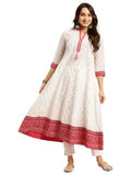 rangita Women 100% Cotton Off White Contrast Placket Ikat Printed Calf Length Anarkali Kurti