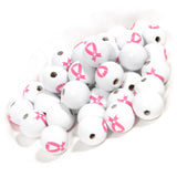 50 Big 15mm Chunky White Round Wooden Wood Beads with Pink Breast Cancer Awareness Ribbon with Heart