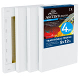 PHOENIX 9x12 Inch 4 Pack Artist Canvas - Stretched Canvases for Painting - 3/4 Inch Profile, 100% Cotton 11 Oz. Gesso Primed Whi