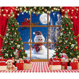 Laeacco Christmas Window Photography Backdrop 10x8FT Snowy Winter Christmas Background Windowsill Red Curtains Xmas Trees Snowma