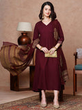 Anni Designer Women'S Rayon Blend Solid Anarkali Kurta With Pant & Dupatta (Magic-Wine-Ndm_3Xl_Wine_Xxx-Large),Wine,3XL,Rayon Blend,Anarkali,Kurta, Scarf