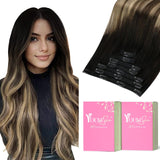 YoungSee Clip in Extensions Real Human Hair Ombre Clip in Real Hair Extensions Ombre Black to Brown with Caramel Blonde Balayage