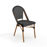 Martha Stewart Lily Pond Indoor-Outdoor Stackable Aluminum Bistro Chair with Natural Woodgrain Frame Finish and Black/White Wove