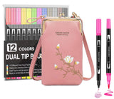 Corslet Combo Set Of 13Pcs -12Pc Dual Tip Brush Pens 12 Shades & 1Pc Sling Bags For Women Latest Hand Bags Calligraphy Pen Sketc