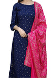 Anni Designer Women'S Ruby Cotton Foil Printed Straight Kurta With Palazzo & Dupatta (Kashmiri-Blue_Xxl_Dark Blue_Xx-Large),Dark Blue,2XL,Cotton,Straight,Kurta, Pants, Scarf