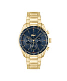 Lacoste Boston Qtz Fashion Chrono Blue Round Dial Men'S Watch|Ionic Plated Thin Gold Steel Material|Gold Color Band - 2011381