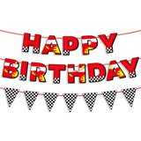 Happy Birthday Banner, Pre-Strung Race Cars Themed Birthday Backdrop with Checkered Flag Bunting Garland Sign for Boys Cartoon P