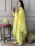 Wedani Muslin Floral Printed With Lace Border Kurta Pant Set With Dupatta For Women,YELLOW,2XL,,,