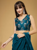 Oomph! Women'S Indian Ethnic Wear Designer Big Paisley Pattern Zari Work V Neck Sleeveless Teal Blue Color Brocade Readymade Blouse For Saree Or Lehnga And Fusion Twist. S