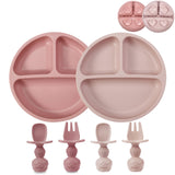 PandaEar 2 Pack Toddler Divided Suction Plates with 2 Spoons 2 Forks for Babies | Silicone Baby Led Weaning Supplies Self Feedin