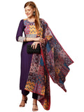 Anni Designer Women'S Cotton Blend Printed Straight Kurta With Pant & Dupatta (Gaazi-Begani-Jl_L_Violet_Large),Violet,L,,,