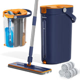 HoMettler 3Tank Mop Bucket Set HandsFree Flat Mop with Separate Clean & Dirty Water Tank, 65inch Long Handle & 4 Microfiber Pad