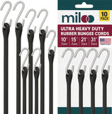 Miloo Rubber Bungee Cords with Hooks - Assorted Lengths EPDM Straps with Crimped Metal Hooks - Load Rated 180 lbs - Made in USA