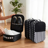 Prettykrafts Shoe Cover Fabric Travelling Shoe Storage Bag With 2 Extra Pockets (Pack Of 3), Black Stripes