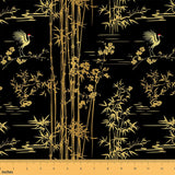 Bamboo Silhouette Fabric by The Yard Golden Sketch Crane Outdoor Plants Fabric for Craft Art Lovers Eastern Style Botanical Leav