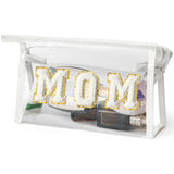 CY2SIDE MOM Clear Makeup Bag - White MOM Letter Patch Cosmetic Bag with Handle for Travel PVC Zipper Clear Travel Bag for Toilet