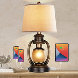Hamucd Rustic Table Lamps for Living Room Single Lantern Bedside Lamps with Oatmeal Tapered Drum Shades for End Table Bedroom Ni