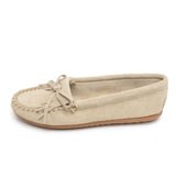 Minnetonka Women's Kilty Suede Hardsole Moccasin, Stone, 9 M US