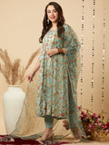 Anni Designer Women'S Cotton Blend Anarkali Printed Kurta With Pant & Dupatta (Meets-Green_Xxl_Green_Xx-Large),Green,2XL,Cotton Blend,Anarkali,Dupatta