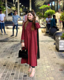 Anni Designer Women'S Rayon Blend Straight Printed Kurta With Palazzo & Dupatta (Debashree Maroon_L_Maroon_Large),Maroon,L,Rayon Blend,Regular,