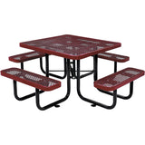 Global Industrial 46 Square Picnic Table, Expanded Metal, Red Thermoplastic Coating, Attached Benches, 1-1/2Umbrella Pole Ho