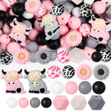Lineshading 199 Pcs Cow Silicone Beads with Animal Shaped Beads Daisy Flower Silicone Round Hexagon Print for DIY Crafts Jewelry
