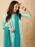 Anni Designer Women'S Cotton Blend Straight Printed Kurta With Pant & Dupatta (Tiedye-Rama Blue_Xxl_Blue_Xx-Large),Blue,2XL,Cotton Blend,Regular,