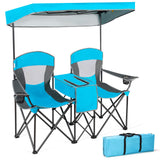 GYMAX Double Camping Chair, Beach Chair with Canopy Shade, Adjustable UV Protection, Cooler, Cup Holder & Carry Bag, Folding Por