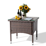 VINGLI Outdoor Wicker Side Table Patio Side Tables for Outside, Tempered Glass Top Wicker Table End Table for Balcony Porch Deck