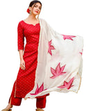 Anni Designer Women'S Cotton Blend Handpainted Printed Kurta With Palazzo & Dupatta (Rayon Red-Jan15_Xl_Red_X-Large),Red,XL