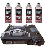 Portable Butane Camping Stove COMBO, Piezo Ignition Wind-Guard 7,650 BTU Portable Stove Burner w/ 4 x 8oz. Butane Fuel Canister