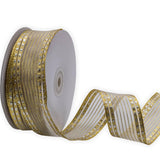 XMRIBBON Gold Wired Organza Ribbon Metallic Stripes Ribbon, 1-1/2 Inch X 25 Yards, for Gift Wrapping Tree Garland Topper Bow Wre