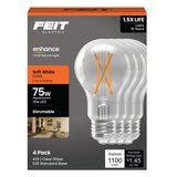 Feit Electric A19 LED Light Bulb, 75W Equivalent, 1100 Lumens, 2700K Soft White, Dimmable, Clear Glass, E26 Base, General Purpos