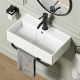 Wall Mount Rectangular Vessel Sink with Towel Rack, QISHKA 21.5x12.5 Modern Ceramic Bathroom Floating Sink, White Rectangle Vani