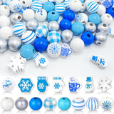 240Pcs Winter Wooden Beads for Crafts 16mm 20 mm Christmas Wood Beads Snowflake Snowman Round Blue White Bead for Jewelry Making
