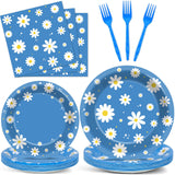 Justforjoyful 96Pcs Daisy Birthday Party Supplies Groovy Flower Paper Plates and Napkins Spring Floral Disposable Dinner Dessert