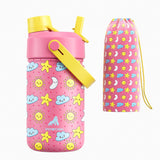 12 oz Kids Water Bottle for Girls: Leakproof, BPA-Free, Durable Straw Spout Lid, 24H Cold, Cute Patterns, Insulated Stainless St