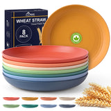 HOTEC 8-Pack 8inch BPA Free Unbreakable Deep Plastic Plates, Wheat Straw Camping Plates Dishwasher Safe Kitchen Plates Dinnerwar